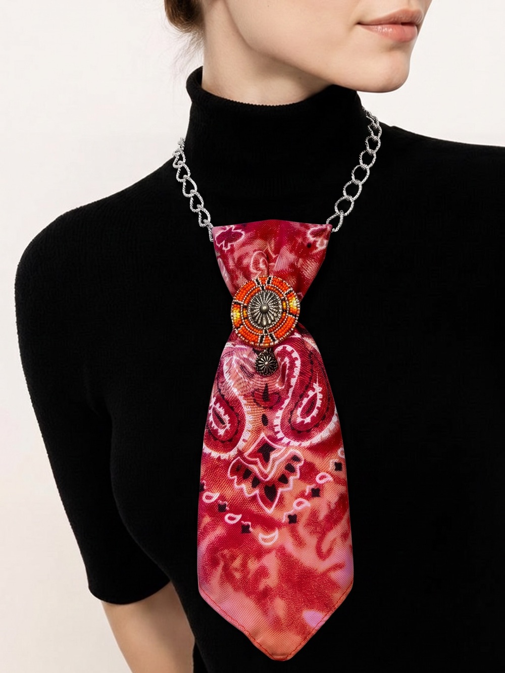 Vintage Style Red Faded Paisley Tie Necklace with Seed Beaded Accent